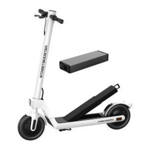 Monopattino elettrico bianco con batteria estraibile.