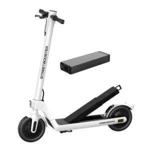 Monopattino elettrico bianco con batteria estraibile.