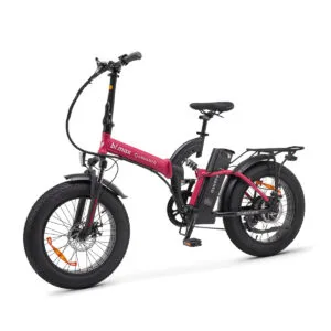 Bicicletta elettrica pieghevole rosa con telaio robusto.