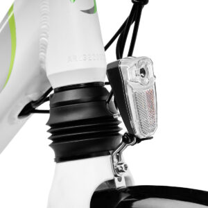 Particolare forcella e fanale bicicletta bianca
