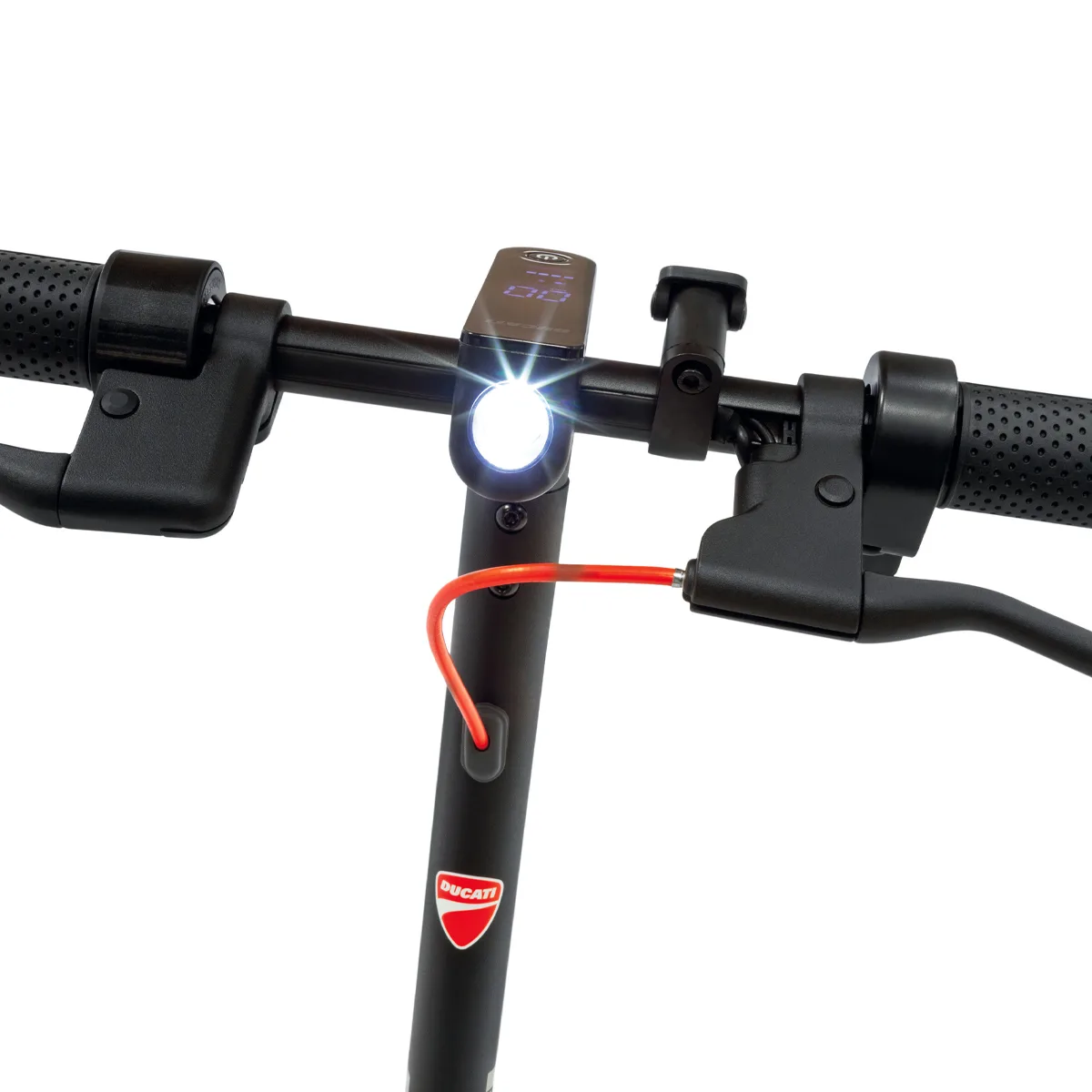 Manubrio monopattino nero con luce frontale accesa