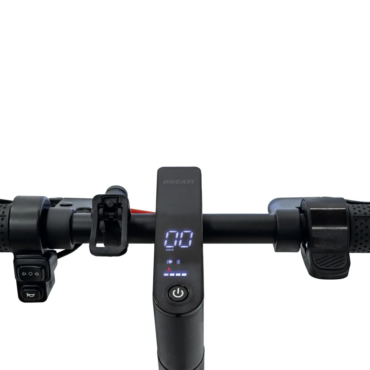 Manubrio monopattino elettrico con display LED acceso.