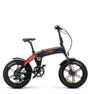 Bicicletta pieghevole nera e rossa su sfondo bianco.