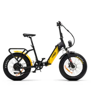 Bicicletta elettrica pieghevole gialla e nera
