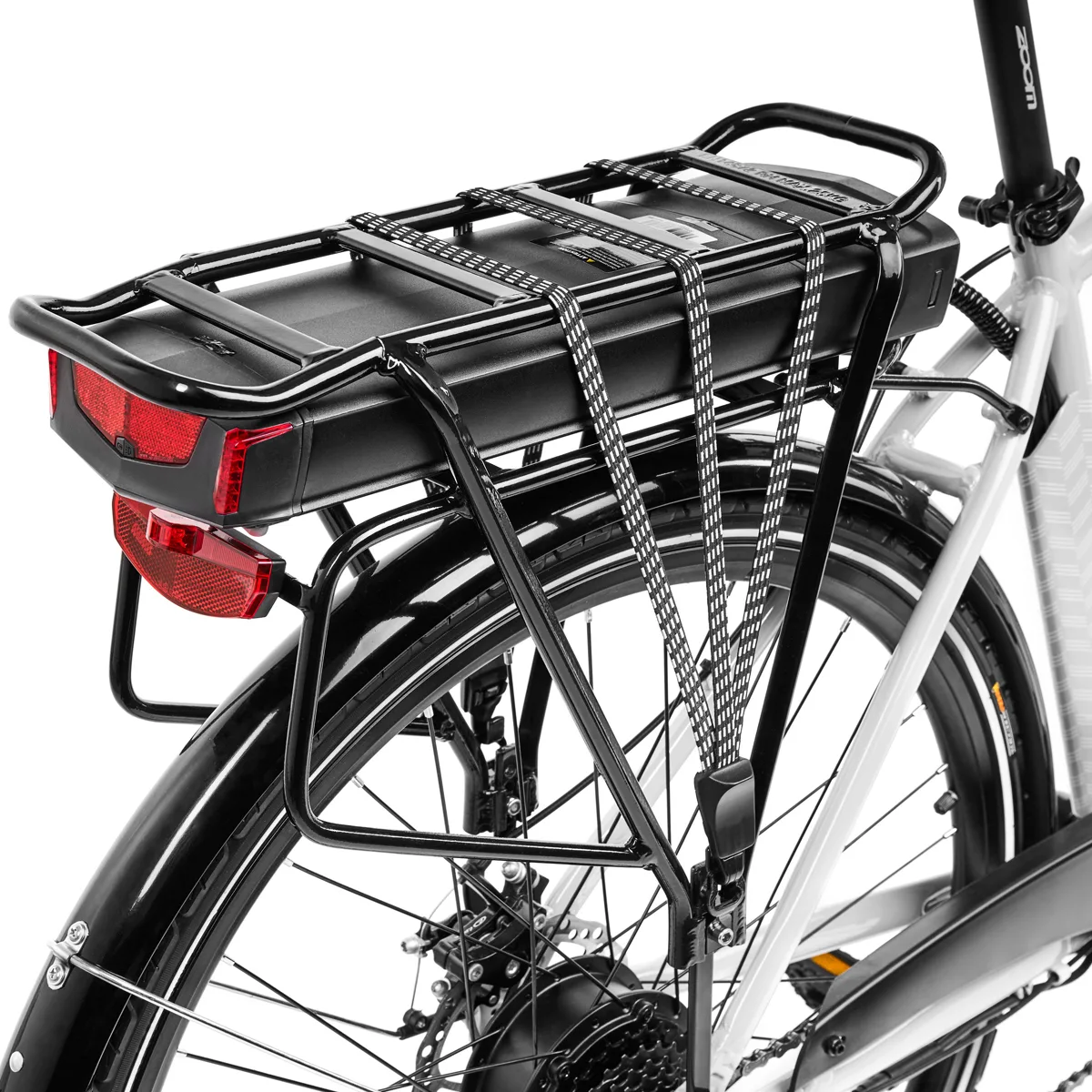 Portapacchi bici con batteria e luci posteriori.