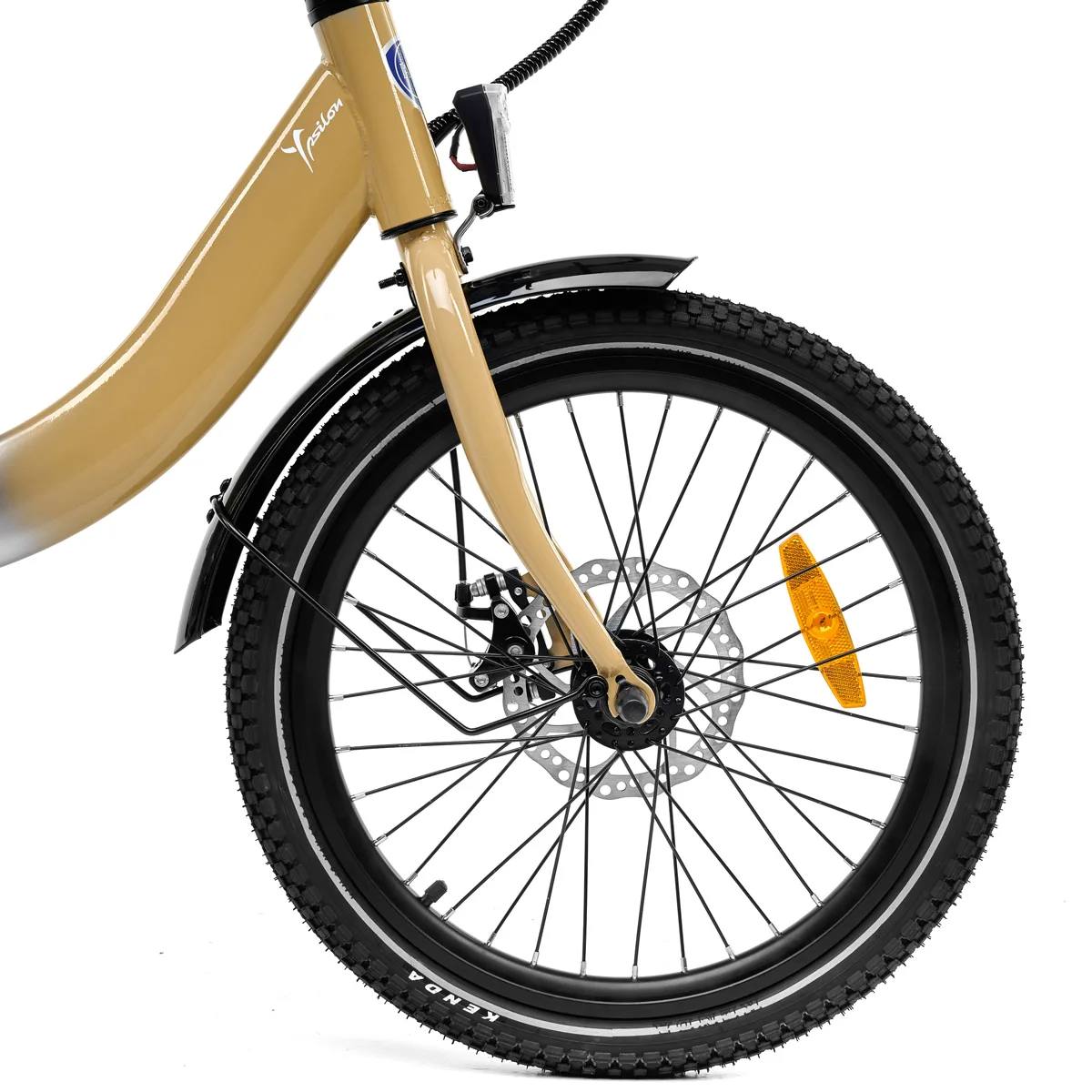 Ruota anteriore di bicicletta beige con freno a disco.