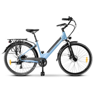Bicicletta elettrica azzurra con portapacchi