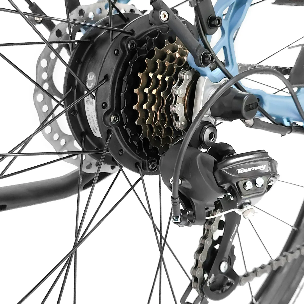 Cambio posteriore di bicicletta con ingranaggi e catena.