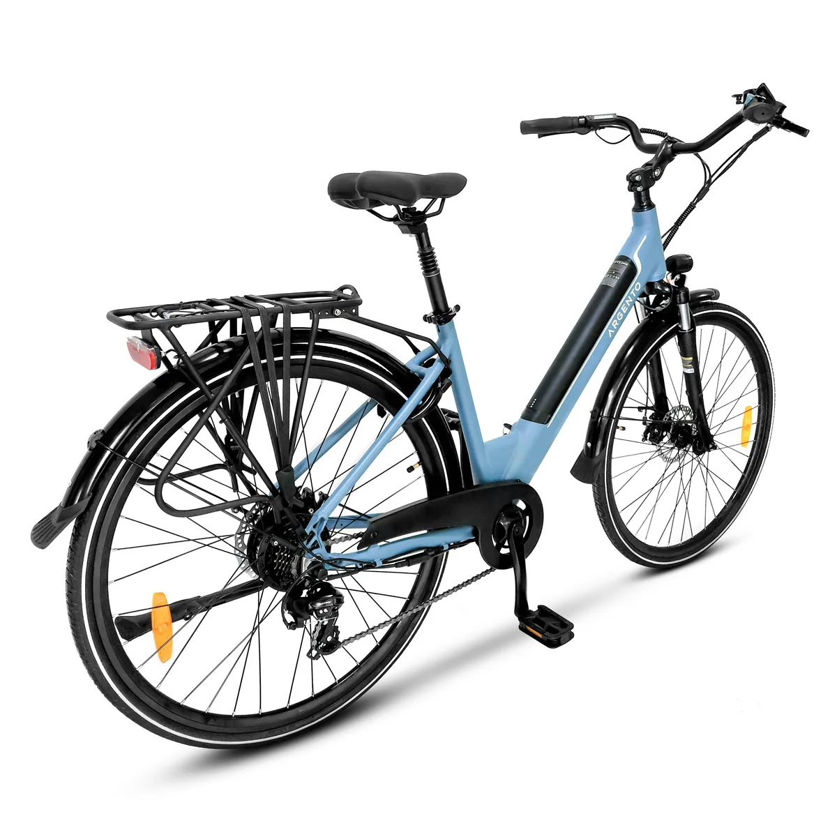 Bicicletta elettrica blu con portapacchi nero