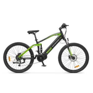 Bicicletta elettrica verde e nera laterale.