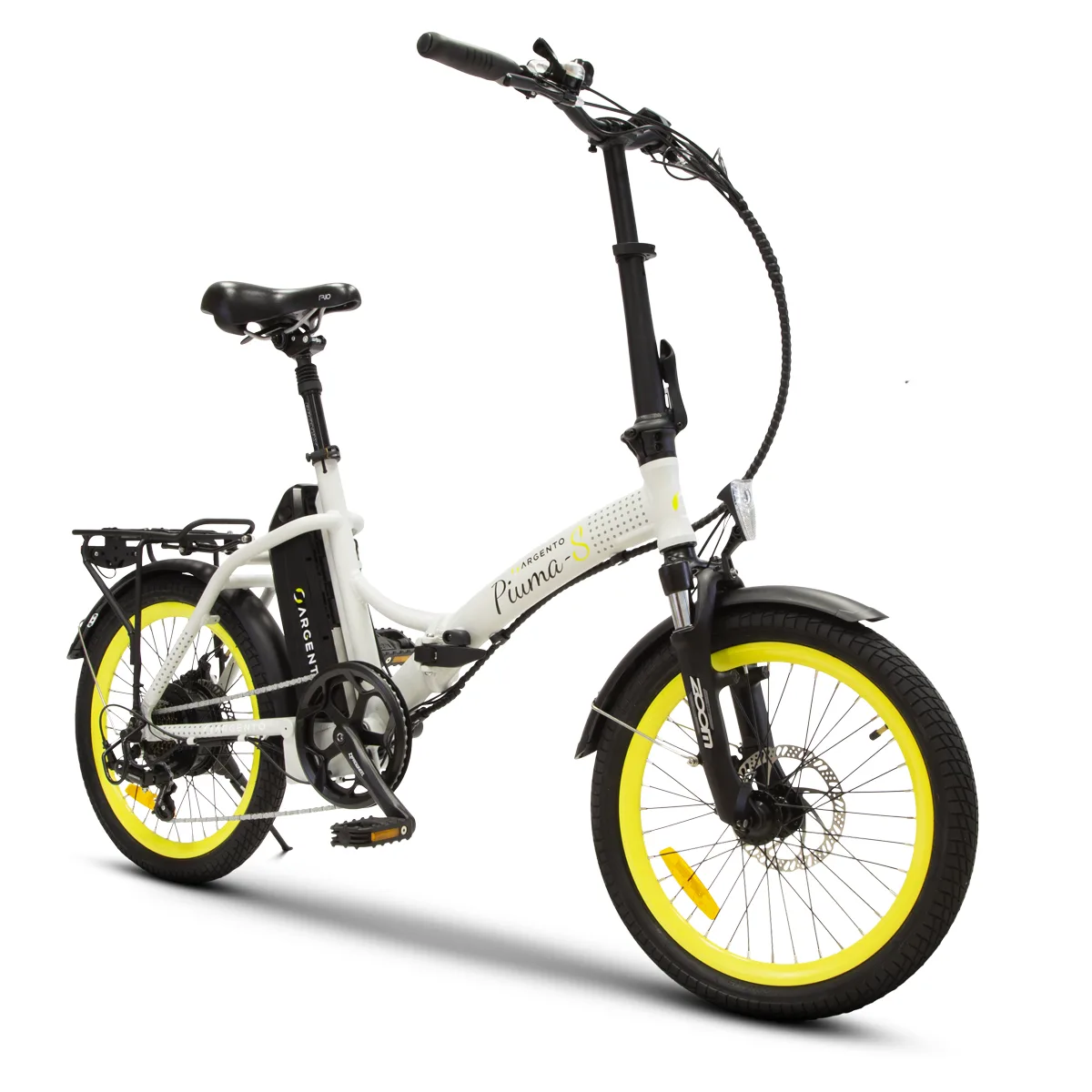 Bicicletta elettrica pieghevole bianca e gialla