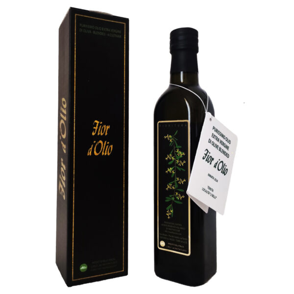 Bottiglia olio extravergine oliva Fior d'Olio con scatola.