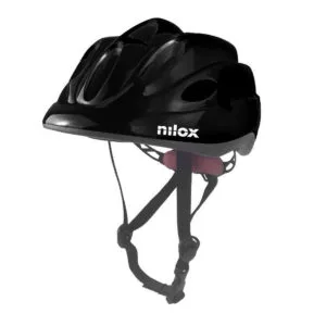 Casco bici nero con cinturini regolabili.