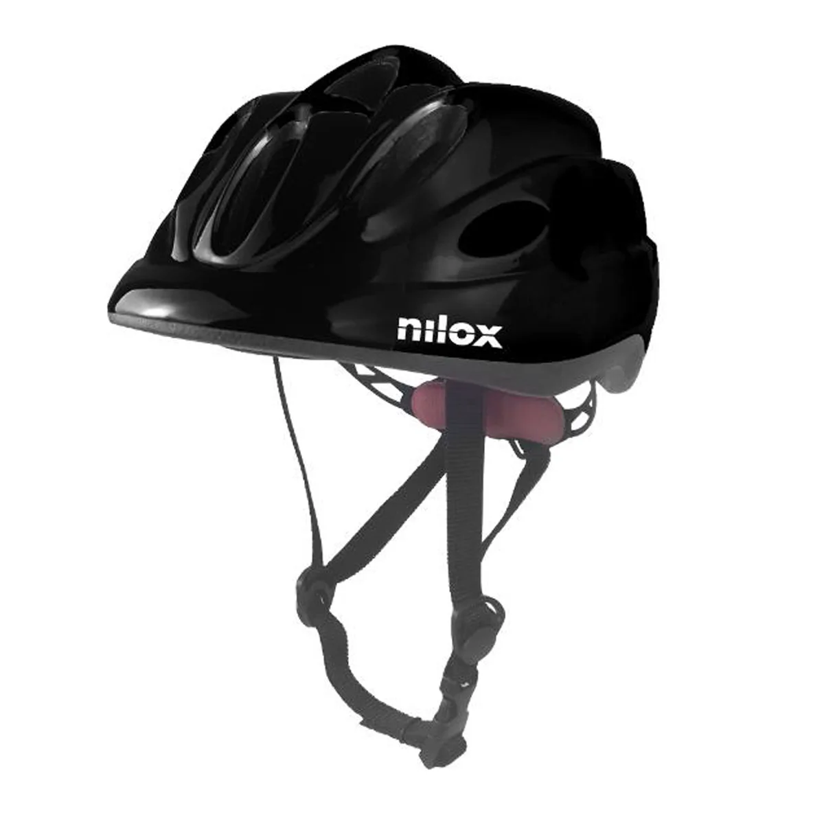Casco bici nero con cinturini regolabili.