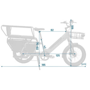 Dimensioni bicicletta cargo con misure in centimetri.