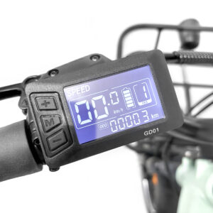 Display bicicletta elettrica con informazioni velocità e batteria.