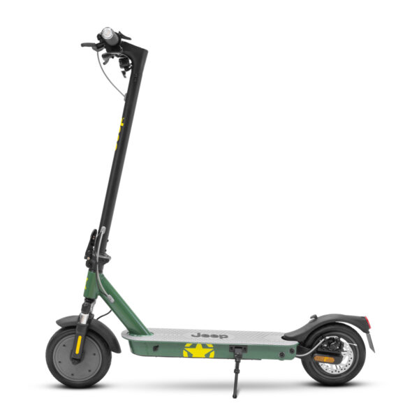 Monopattino elettrico verde, visto di lato