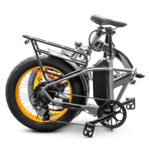 Bicicletta elettrica pieghevole moderna su sfondo bianco.