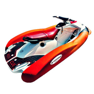 Moto d'acqua rossa con galleggianti arancioni