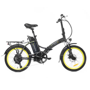 Bicicletta elettrica nera con ruote gialle
