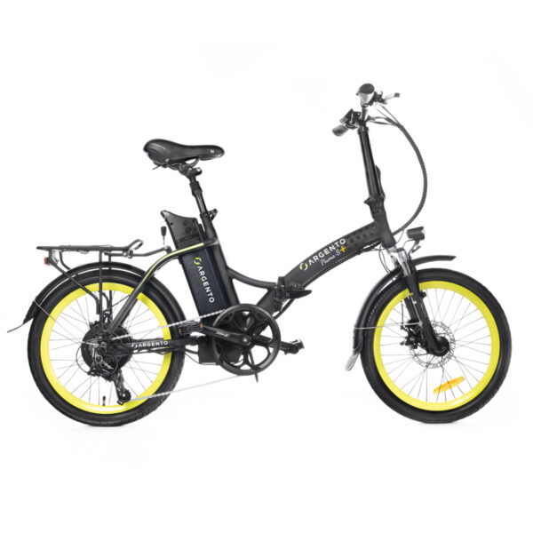 Bicicletta elettrica nera con ruote gialle
