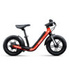Bicicletta elettrica rossa con telaio basso e nero.