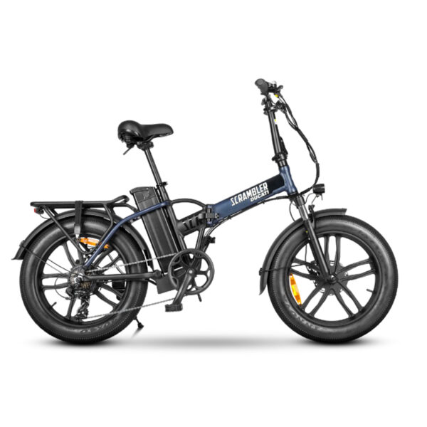 Bicicletta elettrica pieghevole nera su sfondo bianco.