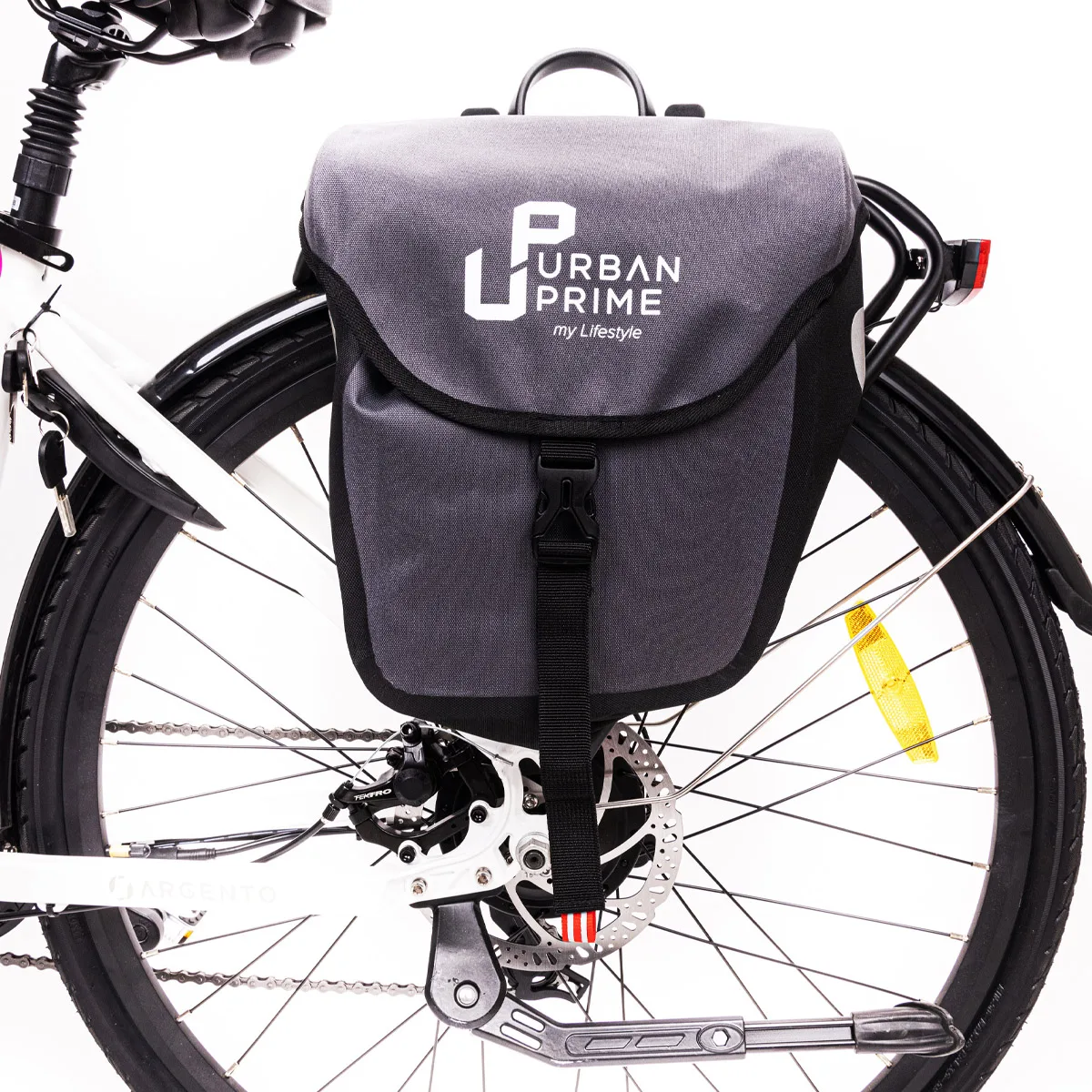 Borsa grigia su ruota bici con logo Urban Prime