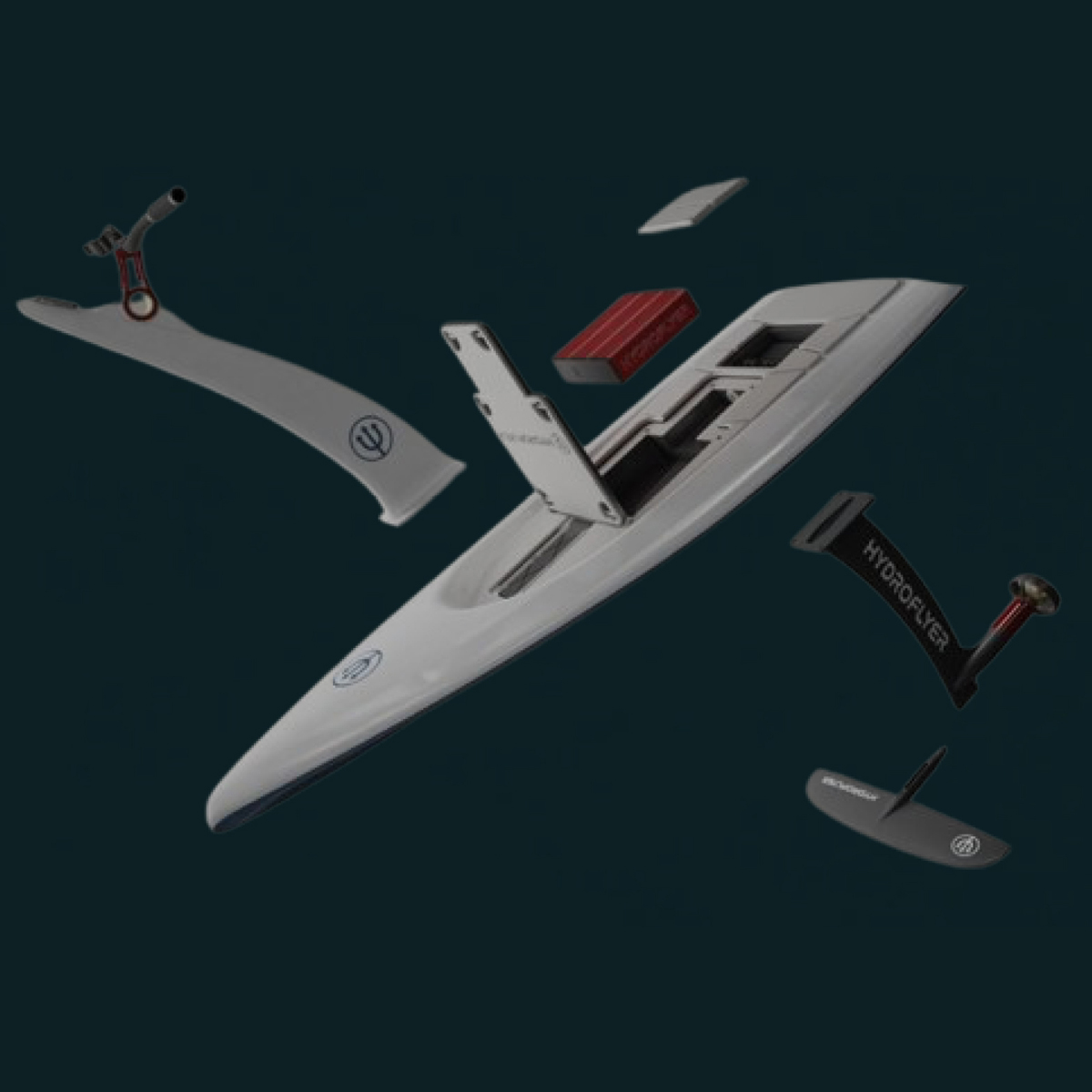 Vista esplosa di tavola hydrofoil elettrica