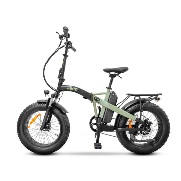 Bicicletta elettrica pieghevole nera e verde
