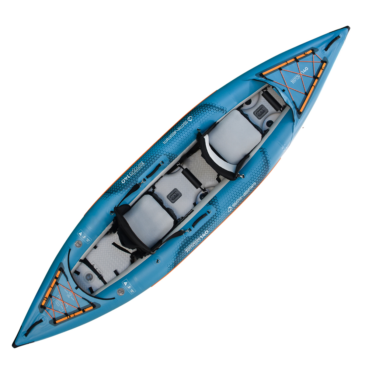 Canoa gonfiabile blu con due sedili grigi.