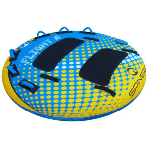 Gonfiabile circolare giallo e blu con maniglie.