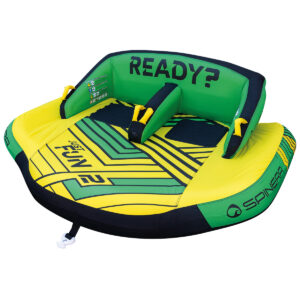 Gonfiabile verde e giallo con scritta 'READY?'