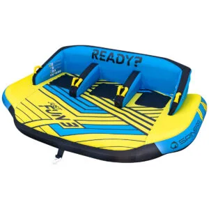 Gommone trainabile gonfiabile giallo e blu a tre posti