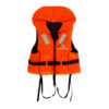 Giubbotto di salvataggio arancione con cintura.