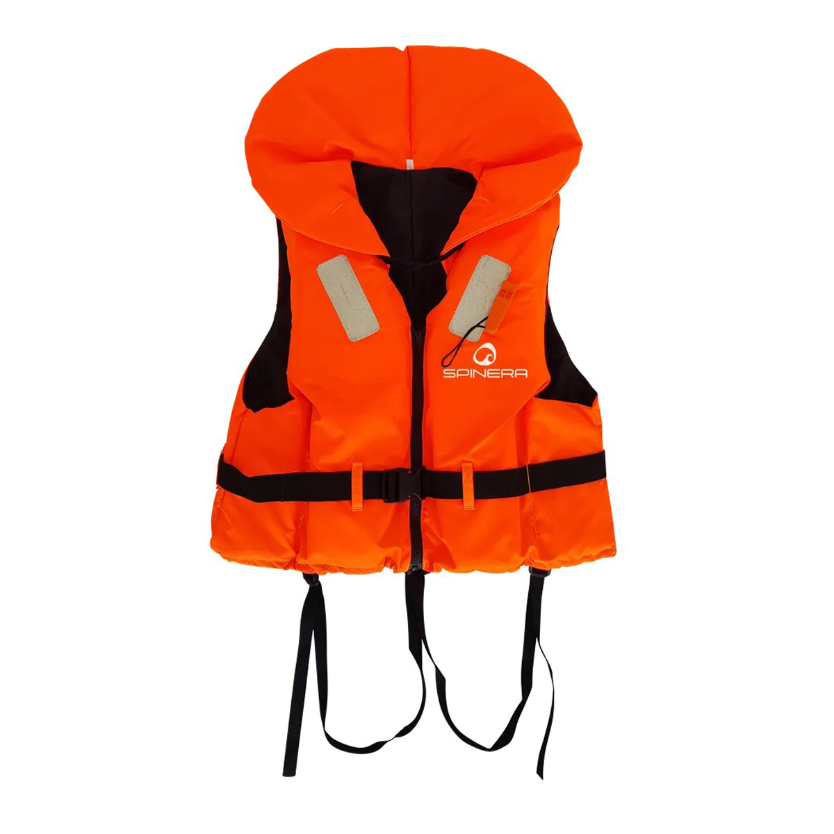 Giubbotto di salvataggio arancione con cintura.