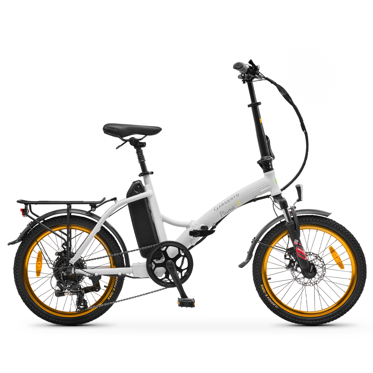 Bicicletta elettrica pieghevole bianca con cerchi dorati