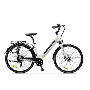 Bicicletta urbana bianca con portapacchi posteriore