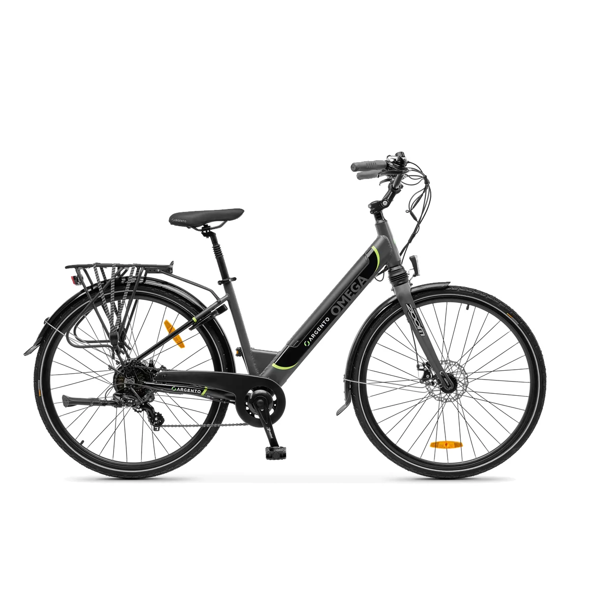 Bicicletta elettrica urbana grigia con portapacchi posteriore