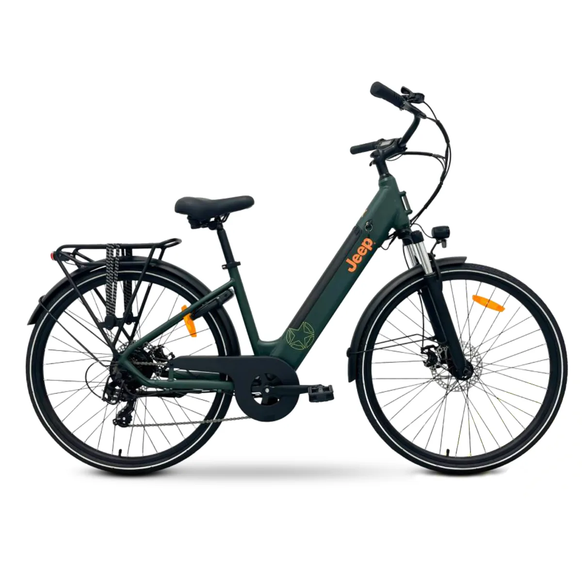 Bicicletta elettrica verde Jeep con portapacchi