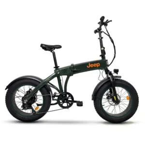 Bicicletta pieghevole elettrica verde scuro con logo Jeep.