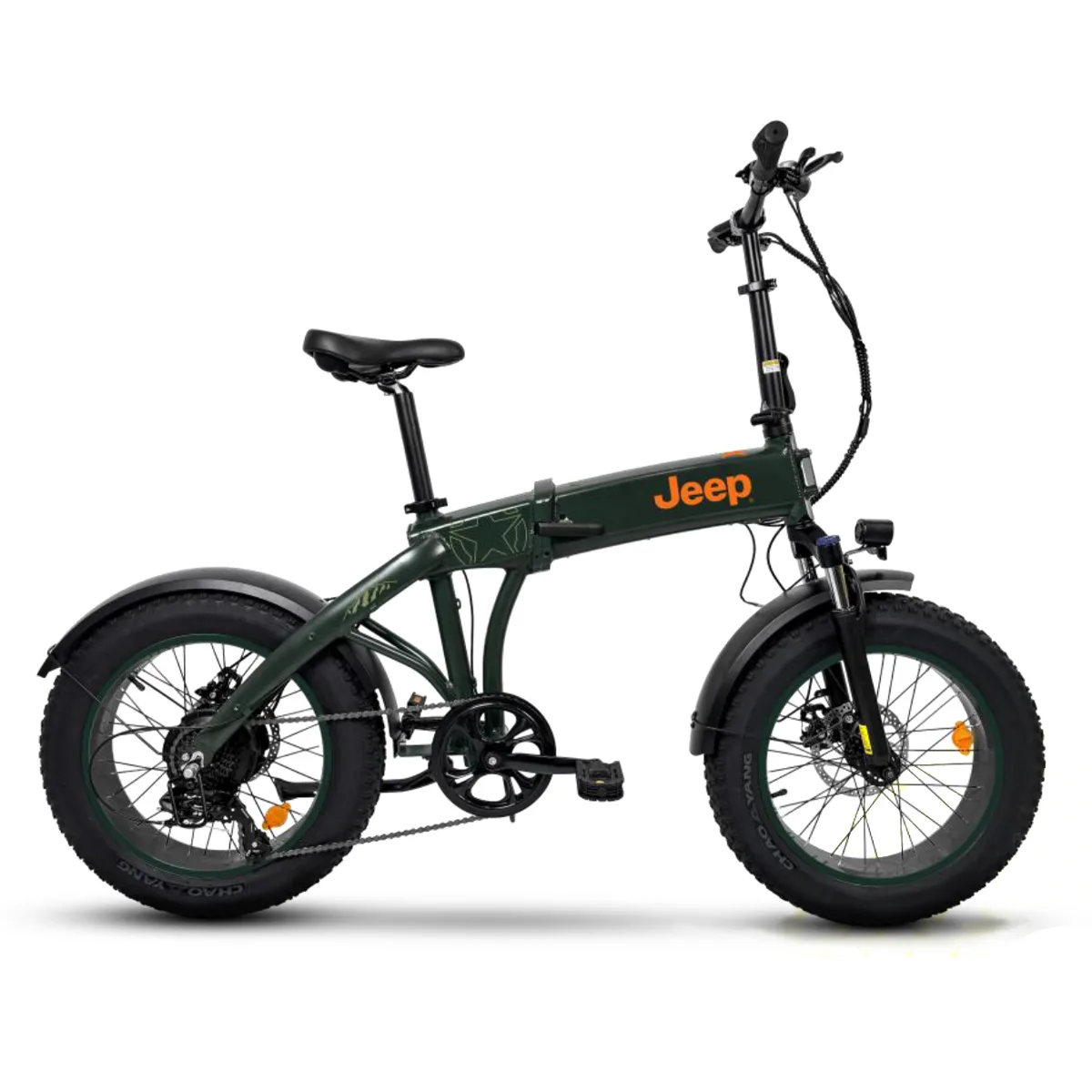 Bicicletta pieghevole elettrica verde scuro con logo Jeep.