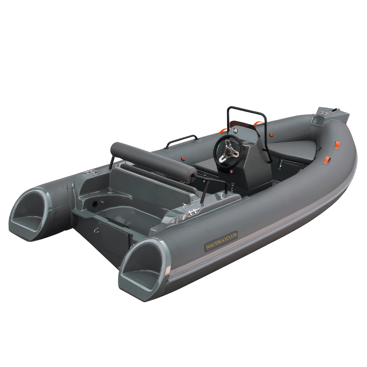 Gommone grigio con sedili e volante
