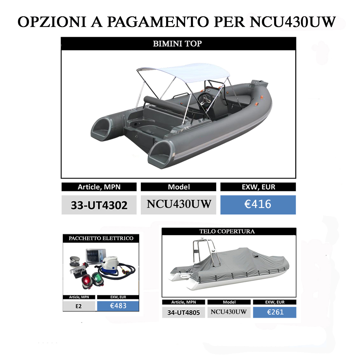 Opzioni a pagamento per gommone NCU430UW