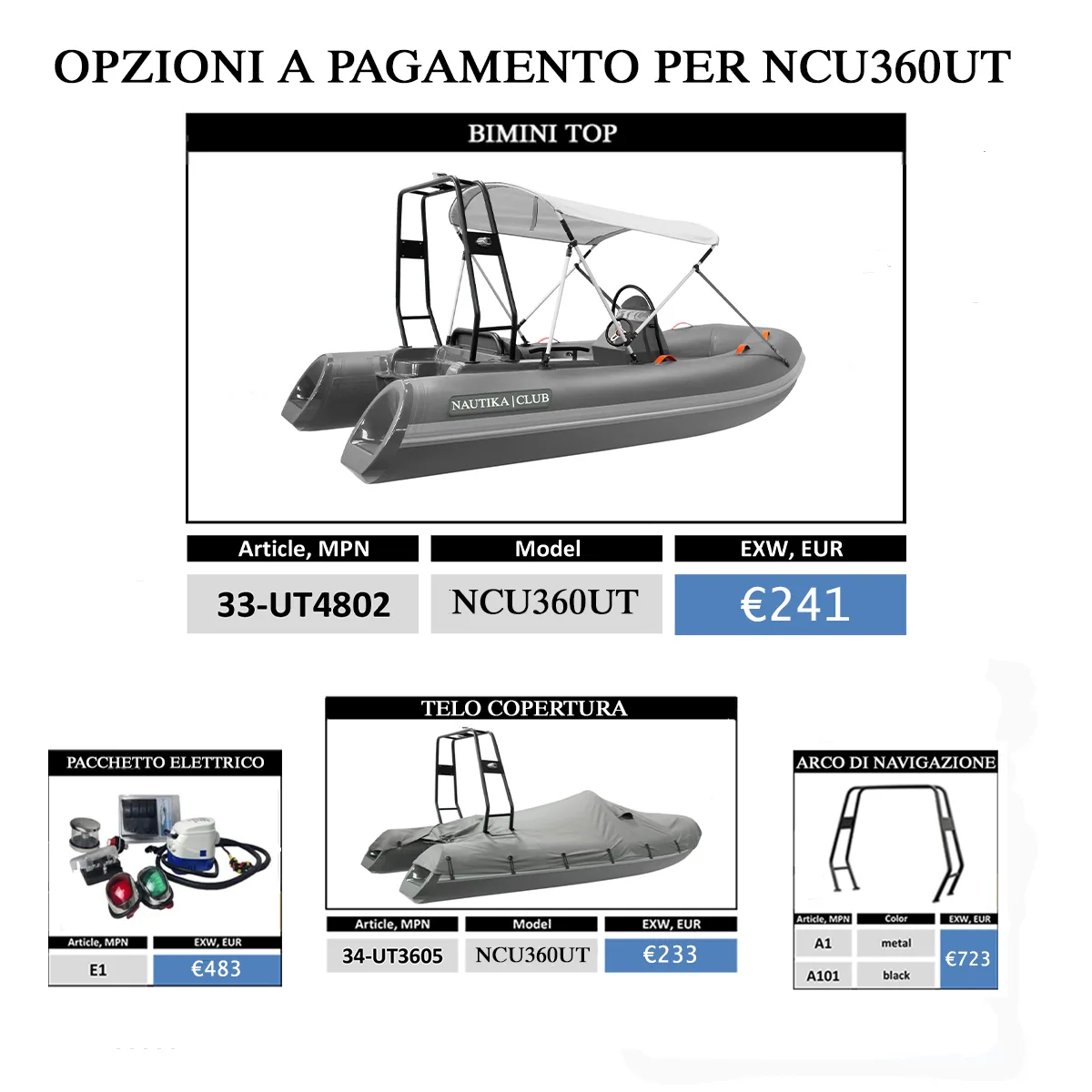 Opzioni accessori NCU360UT con prezzi in euro
