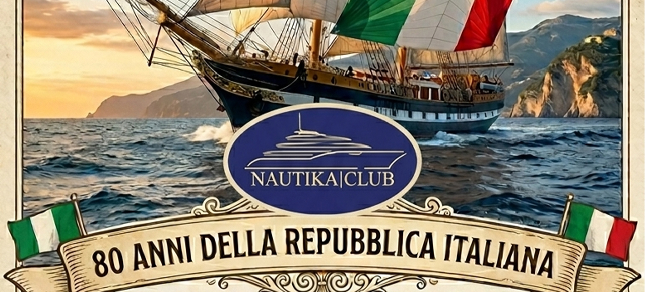 Veliero con bandiera italiana e banner celebrativo