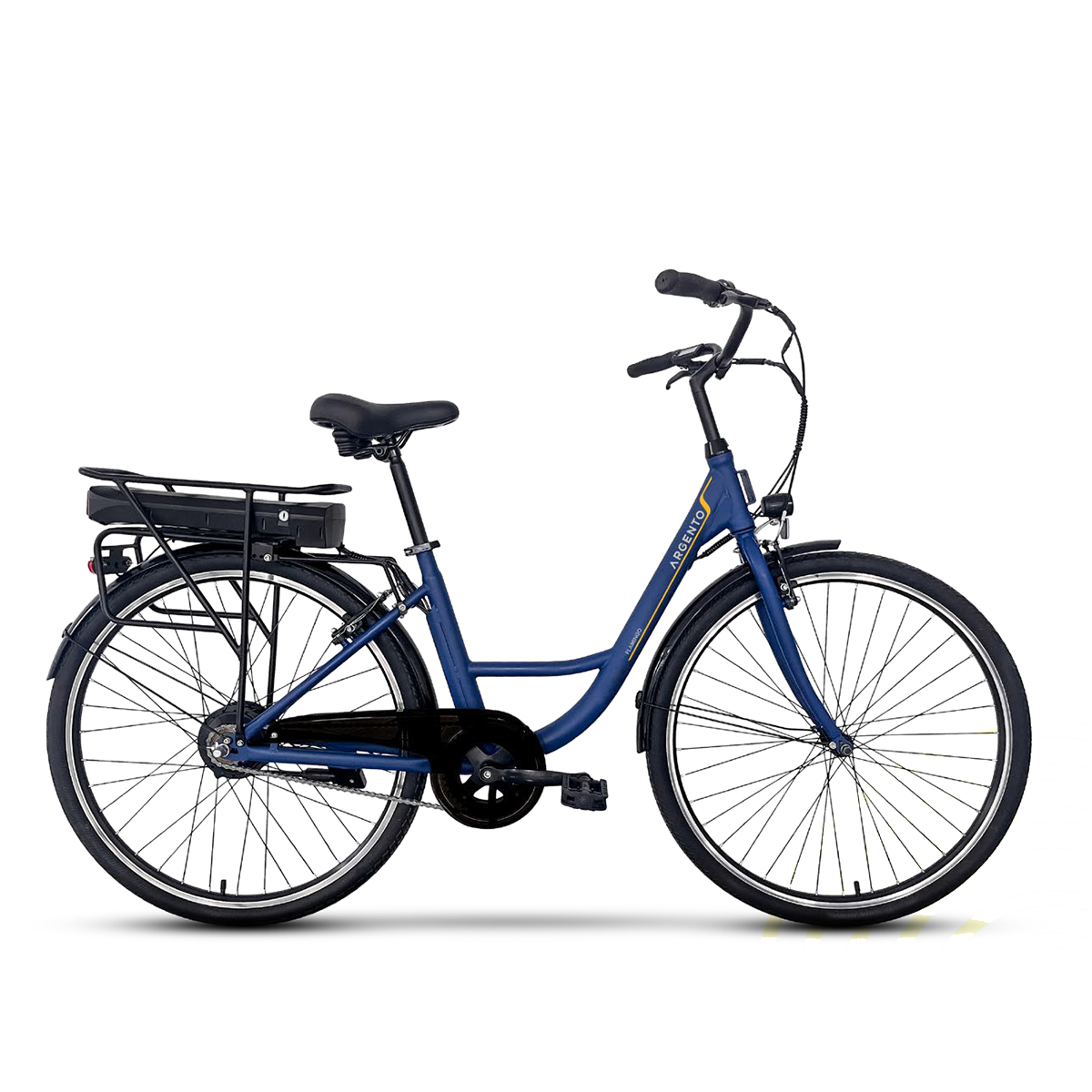 Bicicletta elettrica blu con portapacchi posteriore