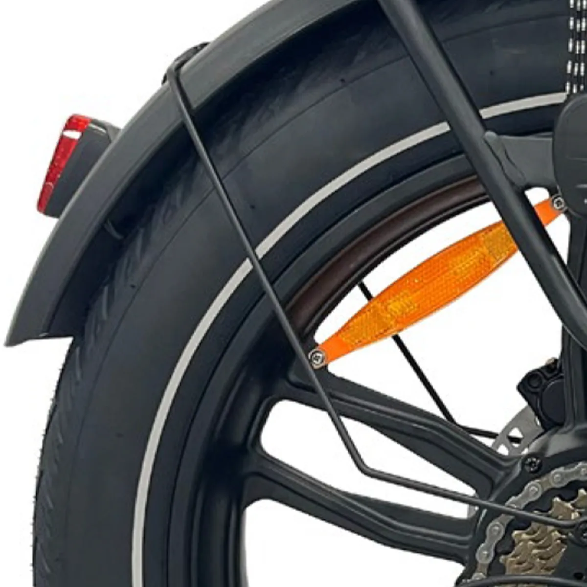 Dettaglio ruota posteriore bici con parafango e catarifrangente