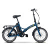 Bicicletta elettrica pieghevole blu con portapacchi posteriore
