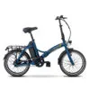 Bicicletta elettrica pieghevole blu con portapacchi posteriore